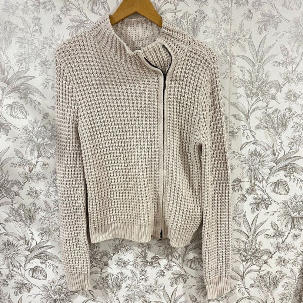 Margaret O’Leary Chunky Knit Ivory Cotton Blend Cardigan Sweater Zip-Up Sz Sm
